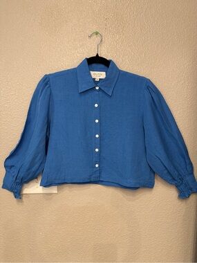 Olivia by LIVRO Mabel Shirt Blue Linen Blend Puff Sleeve Crop Top NWT XS Coastal